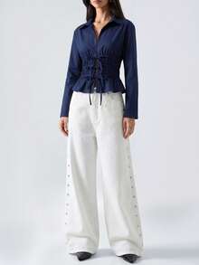 LYSMO Women's Dark Blue Top, Sexy Collared Blouse With Lace Up Tie Front Detail - Navy Blue - View 3