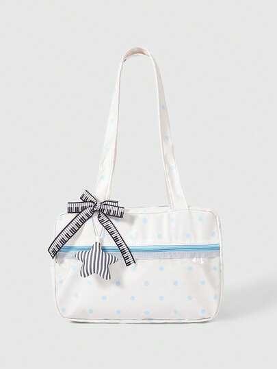 ROMWE Anime 1个可爱甜美蝴蝶结爱心蕾丝拼接波点波普艺术女士手提包，第二代零食数量音符音乐节透明分层徽章娃娃展示单肩包，适合购物、校园