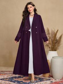 Al Najma Women's Elegant Arabic Style Purple Striped Patchwork Lapel Double-Breasted Long Robe, Suitable For Commuting And Daily Wear Abayas Open Abaya For Women - Purple - View 1