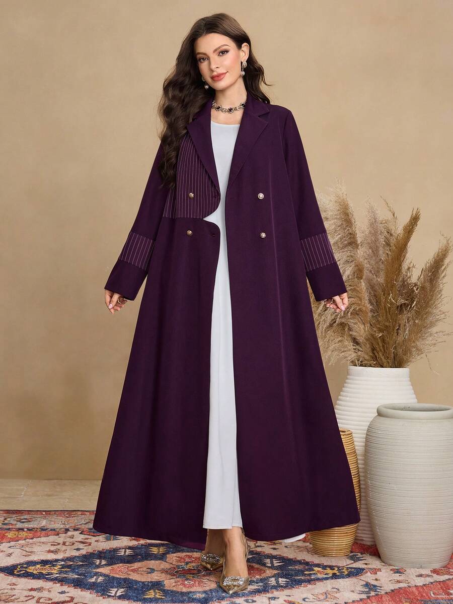 Al Najma Women's Elegant Arabic Style Purple Striped Patchwork Lapel Double-Breasted Long Robe, Suitable For Commuting And Daily Wear Abayas Open Abaya For Women - Purple - View 1