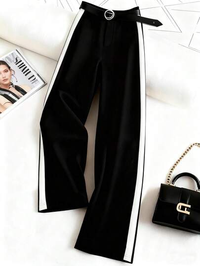 GlowEve CURVE Quần âu ống đứng kẻ sọc tương phản màu đen trắng cỡ lớn