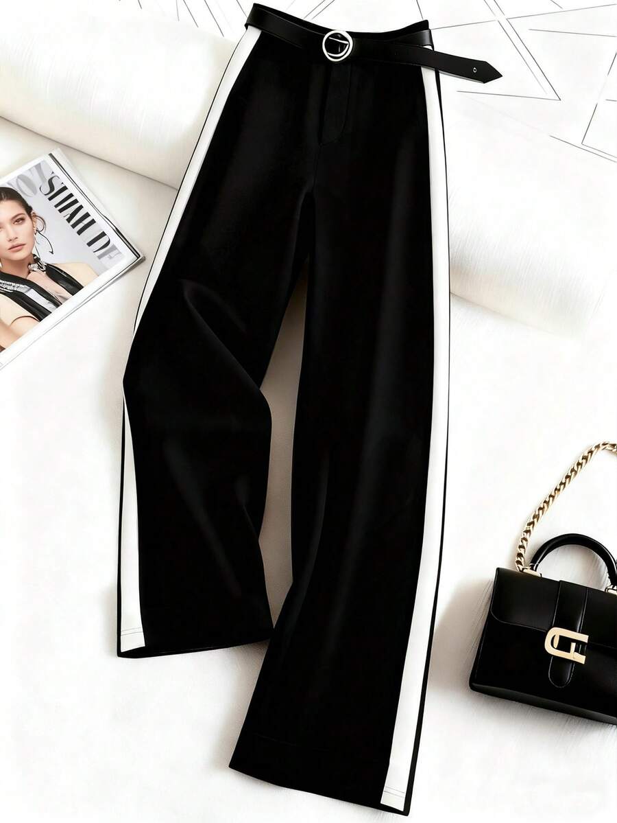 GlowEve CURVE 加大码直筒撞色侧条纹黑白西装裤 - 黑與白 - 查看 1