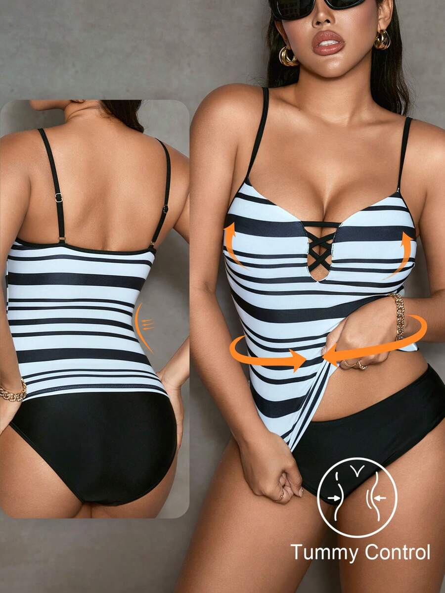 Shapewave Damen Schwarz & Weiß gestreifter Badeanzug-Oberteil mit Bauchkontrolle und Bindeträgern - Verschiedenfarbig - Übersicht 1