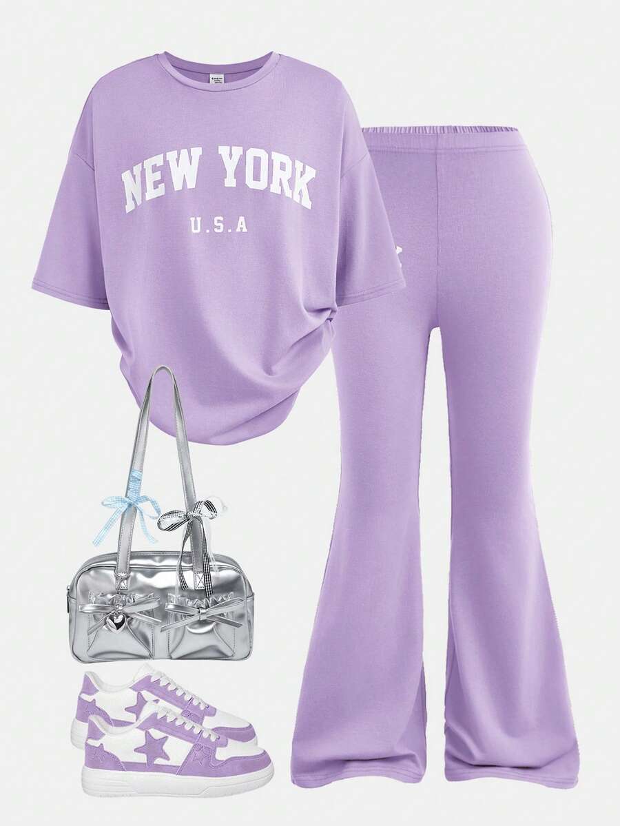 SHEIN 2 件套青少年女孩休闲简约字母印花宽松短袖 T 恤和阔腿裤套装 - 淡紫色 - 查看 1