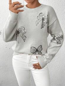 EMERY ROSE Women's Casual Butterfly Sequin Embroidered Drop Shoulder Long Sleeve Pullover Sweater, Autumn/Winter - Light Grey - View 6