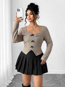 Elenzga 秋季加大码休闲修身T恤，饰有蝴蝶结 - 杏色 - 查看 6