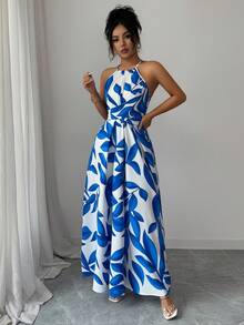 Elenzga 女士蓝色叶子印花面料抽绳领口系带设计腰部交叉后背系带A字飘逸连衣裙，优雅时尚，适合情人节派对、旅行、度假、街头、海滩、春夏穿着。 - 藍白色 - 查看 6