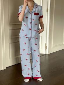 Napfluff 撞色蝴蝶结条纹印花翻领红色纽扣短袖上衣和裤子睡衣套装，春夏服装，蓝色条纹睡衣套装 - 藍色 - 查看 5