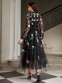 ZEYLAH Váy dài tay thanh lịch thêu hoa và ren chắp vá - Hồng - Xem 3