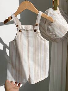 SHEIN Bộ 2 món quần yếm sọc kaki đa năng mùa hè cho bé trai sơ sinh kèm mũ cùng màu. - Nhiều màu - Xem 6