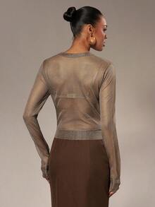 Hauture 女士性感休闲长袖前扣单排扣薄纱针织开衫 - 棕色 - 查看 5