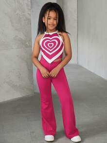 SHEIN Tween Girl Basic Casual Sleeveless Halter Knit Top & Solid Color Flared Pants 2pcs Outfit Set For Valentine's Day - Hot Pink - View 2