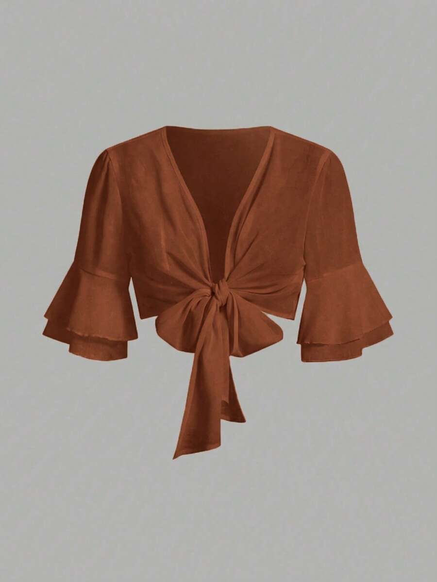 EMERY ROSE 纯色打结休闲短款衬衫 - 鏽棕色 - 查看 1