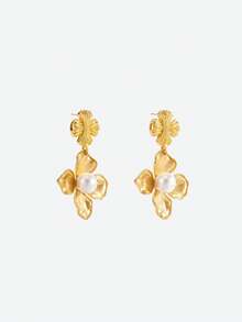 Opalesca 1 Pair Fashionable & Elegant Flower Shaped Pearl Dangle Earrings For Women,Outfits,Old Money,Wedding/Bridal Accessories,Western Jewelry,Fairycore/Fairy,Pearl,Fall/Autumn/Winter,For Mom/Women/Girl/Mother,Elegant - Gold - View 4