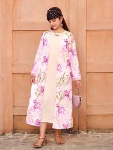Tween Girl Classic Elegant Middle Eastern Print Long Jacket,Beige Modest Loose Dress,Autumn Country Style For Concert,Commute,Photo Shoots,Gatherings - Multicolor - View 4
