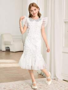 Váy ngắn voan chiffon cổ Peter Pan tay lửng họa tiết hoa dễ thương cho bé gái, thích hợp cho đám cưới, tiệc tùng, sinh nhật, ngày lễ tình nhân - trắng - Xem 5