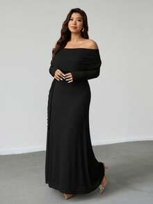 Firerie 大码女士优雅休闲度假约会派对下午茶精致迷人ins风时尚褶皱露肩披肩不对称下摆弹力长袖连衣裙 - 黑色 - 查看 4