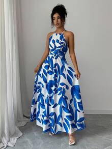 Elenzga 女士蓝色叶子印花面料抽绳领口系带设计腰部交叉后背系带A字飘逸连衣裙，优雅时尚，适合情人节派对、旅行、度假、街头、海滩、春夏穿着。 - 藍白色 - 查看 4