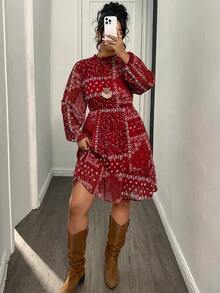 LanaWest Đầm xòe họa tiết chắp vá cổ đứng tay đèn lồng phong cách nghỉ dưỡng cỡ lớn cho nữ mùa xuân/thu - Màu Đỏ Sâu - Xem 6