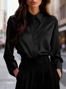 Balvessa 女士酒红色缎面衬衫，高品质上衣，春秋季 - 黑色 - 查看 3