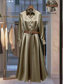 GlowEve CURVE Đầm sơ mi tay dài màu trơn thanh lịch cỡ lớn dành cho nữ, có thắt lưng, cài nút đơn - Lạc đà - Xem 1