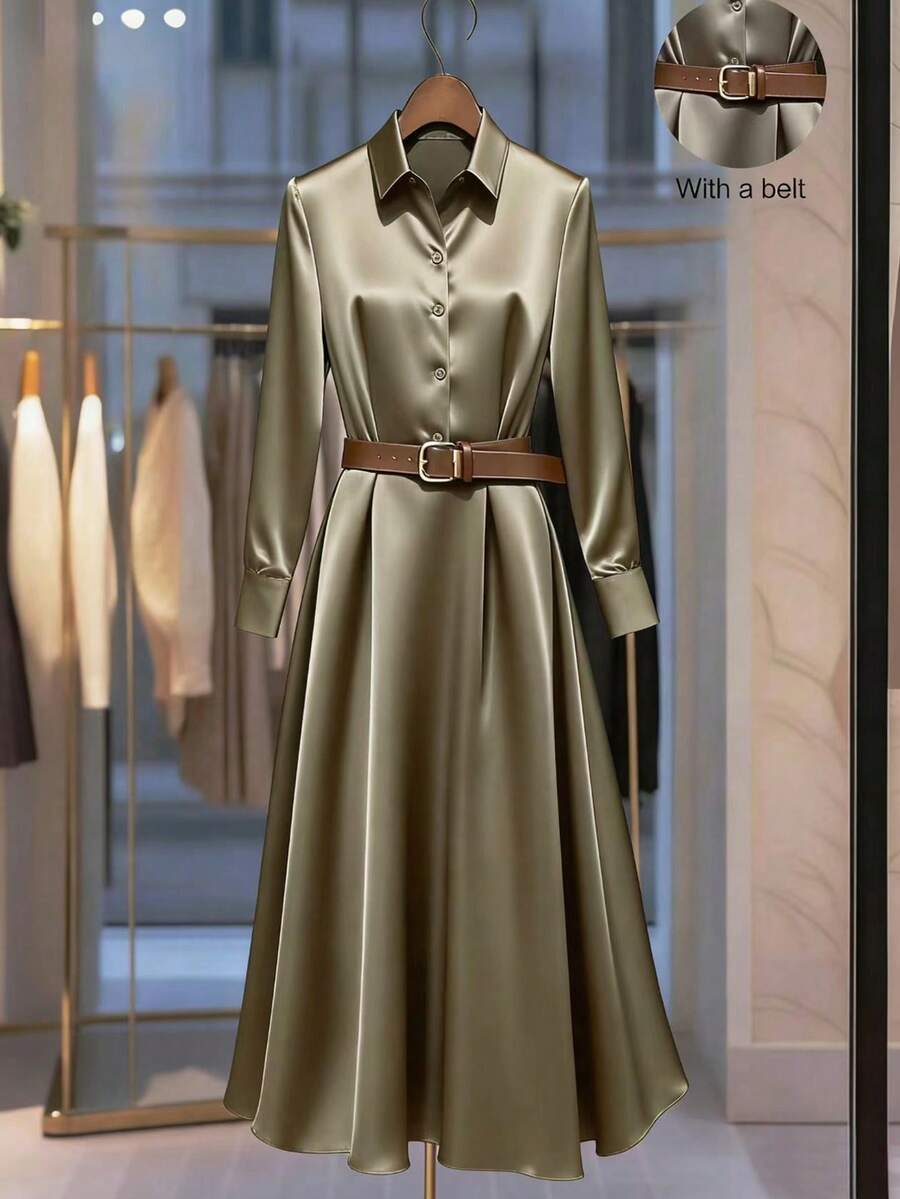 GlowEve CURVE Đầm sơ mi tay dài màu trơn thanh lịch cỡ lớn dành cho nữ, có thắt lưng, cài nút đơn - Lạc đà - Xem 1