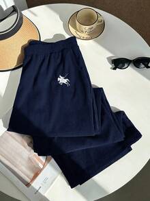 SHEIN EZwear 藏蓝色加大码刺绣灯芯绒休闲裤，带口袋，秋冬款 - 藏蓝色 - 查看 2