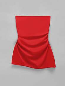 SHEIN EZwear Women Fashionable Summer Solid Color Ruched Tube Top - Red - View 2