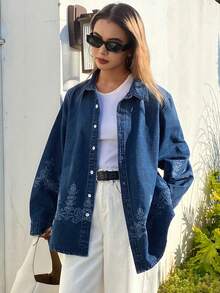 DAZY Women's Retro Palace Style Printed Lapel Loose Casual Denim Shirt