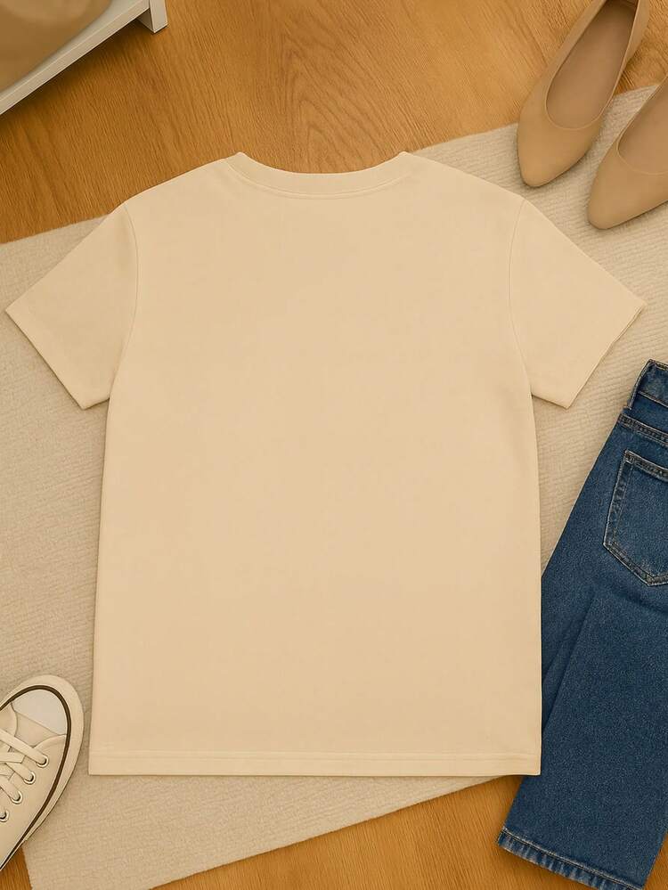 Playera Estampada de Mujer con Corazones Aperlados Modernos y Brillantes, estilo Juvenil Casual Playero Californiano - Beis - Añade 2