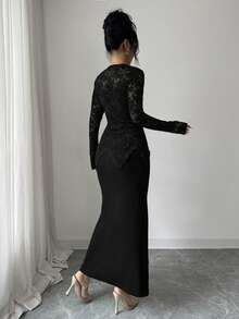 Modelyn Square Neck Lace Patchwork Button Waist Fitted Midi Dress For Women - Black - View 2