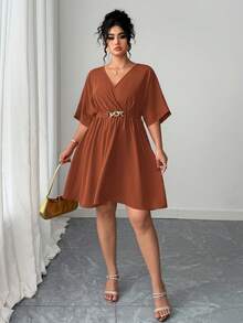 Elenzga Elegante vestido de noche rojo con cuello en V y cintura ceñida, estilo casual y minimalista para el verano