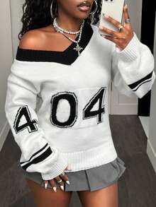 SHEIN BamGlam BamGlam Women's Fashionable Colorblock Numeric Pattern Sweater, Autumn/Winter/Spring,Jersey,White Pullover,Black Collar Edge, Black And White Contrast Color,Winter For Women, Winter, Women's Winter For Women,White,Graphic,Black - White - View 5