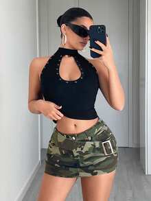 SHEIN EZwear Y2K 弹力迷彩牛仔迷你裙（女款） - 軍綠色 - 查看 8