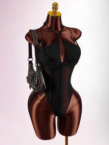 Amplova Women's Hollow Out Sheer Criss-Cross Bodysuit, Sexy & Avant-Garde, Suitable For Party Outfits - Black - View 7