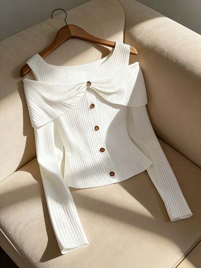 GlowEve 女式纯色纽扣设计露肩长袖罗纹时尚T恤