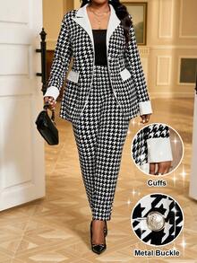 Fleurora Spring And Summer Autumn And Winter Elegant Commuting Office Black And White Houndstooth Knitted Lapel Button Long Long Sleeve Plus Size Suit Winter Clothes For Women Winter Dress Women's Winter Dress Winter Dress Women Winter Outfit For Women Elegant Women's Set Women's Formal Wear Plus Size Women's Elegant Houndstooth Suit Set - Black and White - View 6
