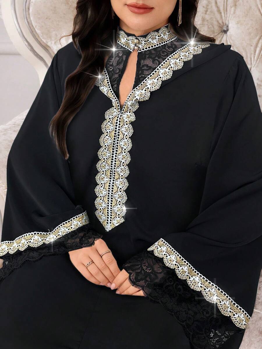 Al Najma 大码女式撞色蕾丝长袖连帽阿拉伯风格连衣裙 - 黑色 - 查看 1