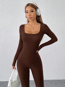 SHEIN PETITE Mono negro con cuello cuadrado y pierna acampanada - Marrón - Ver 3