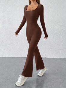 SHEIN PETITE Mono negro con cuello cuadrado y pierna acampanada - Marrón - Ver 6
