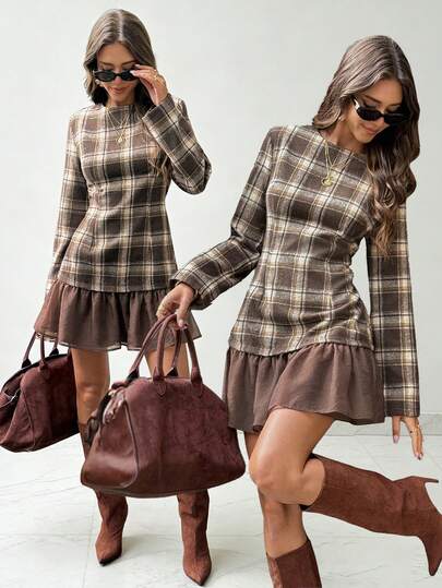 Siren Gaze 女士圆领长袖格子迷你连衣裙 休闲连衣裙 女士休闲装 女士冬季装 棕色格子连衣裙