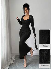 Modelyn Square Neck Lace Patchwork Button Waist Fitted Midi Dress For Women - Black - View 6