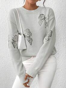EMERY ROSE Women's Casual Butterfly Sequin Embroidered Drop Shoulder Long Sleeve Pullover Sweater, Autumn/Winter - Light Grey - View 5