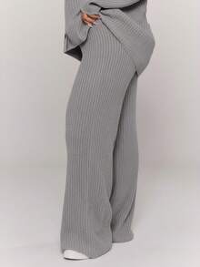 MUSERA Plus Size Knitted Fitted Wide Leg Trousers Everyday Casual Cozy Cute Evening Party Elegant Spring - Light Grey - View 3