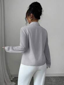 Elenzga 大码女式纯色仿珍珠装饰单排扣优雅衬衫 - 灰色 - 查看 2
