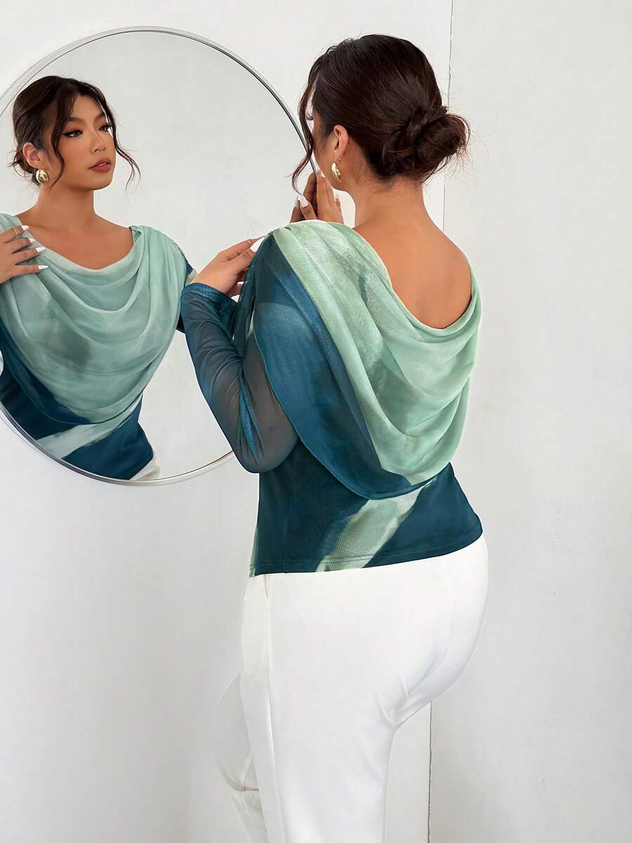 Firerie Áo nữ cỡ lớn thanh lịch cổ xếp ly tay dài in họa tiết ombre ôm sát gợi cảm/Áo thun lưới cỡ lớn, thích hợp cho Ngày Valentine, hòa nhạc, biểu diễn, hẹn hò, tiệc tối trang trọng, dạ hội, mùa cưới, gợi cảm, thanh lịch, đi làm, tựu trường, kỳ nghỉ, bãi biển, lãng mạn, nữ công sở, kiểu nàng tiên cá, tiệc sinh nhật. - Nhiều màu - Xem 1