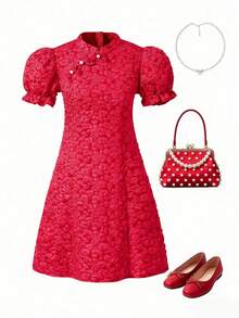 女童中国新年旗袍连衣裙，红色，喜庆，适合中国新年，适合新年派对，奢华优雅，立领，东方风格 - 紅色 - 查看 3