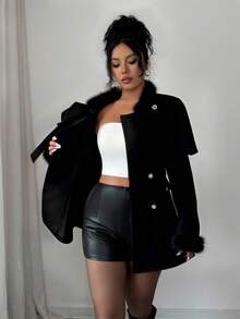 SHEIN Elenzya Elegant Women's Casual Commuter Jacket, Apricot Faux Fur Collar Long Sleeve A-Line Design With Double-Breasted Butterfly Pocket Flap, Suitable For Business Meetings, Weddings, Galas, Commuting, Graduations, Holidays, Dates, Parties - Black - View 7