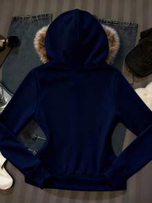 SHEIN EZwear 休闲哥特风女式水钻仿毛皮连帽卫衣，拉链卫衣，灰色套头卫衣，女式卫衣，B2 - 彩色 - 查看 2