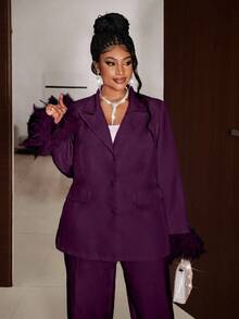 Maweii 大码女式纯色垫肩长袖袖口装饰优雅西装外套+休闲裤两件套，适合优雅外出、通勤、春、秋、冬穿着。 - 紫色 - 查看 2